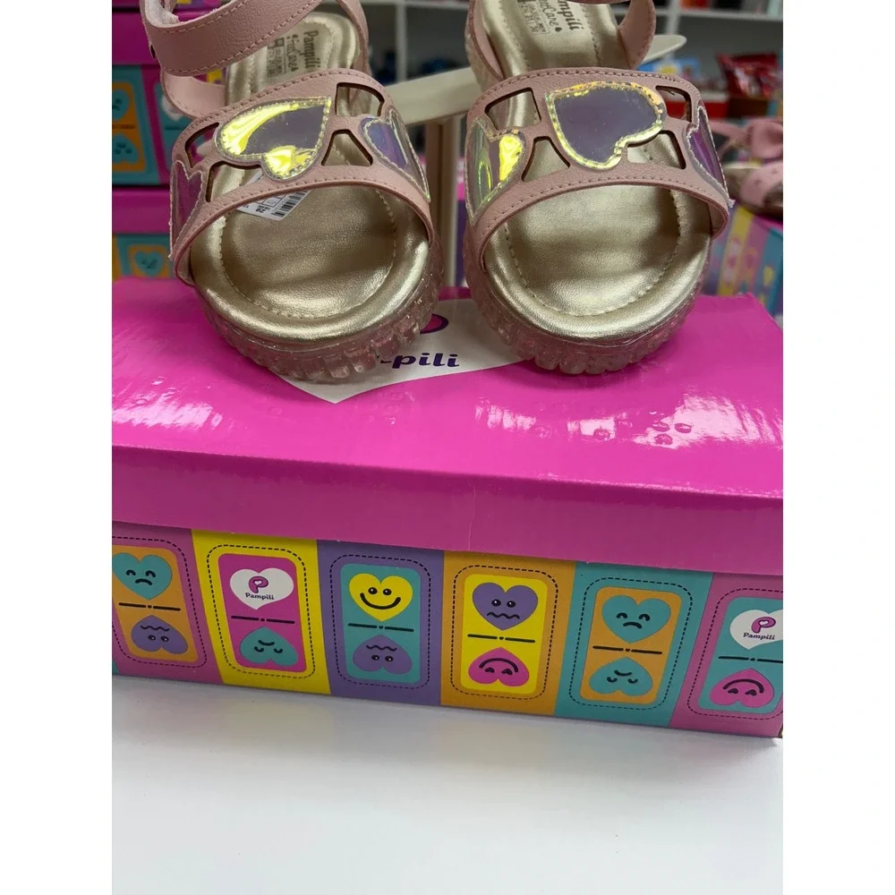 Pampili Girls Pink Holographic Heart Strappy Sandals Gold Footbed Size 12.5 US